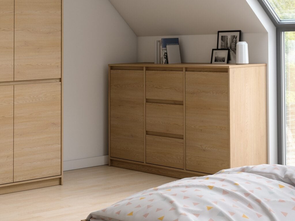 Modern Sideboard Cabinet 140cm Wide Storage Unit 3 Drawer 2 Door White Washed Oak Effect Furniture Unit - Mana