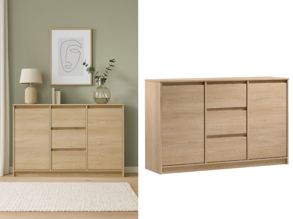 Modern Sideboard Cabinet 140cm Wide Storage Unit 3 Drawer 2 Door White Washed Oak Effect Furniture Unit - Mana