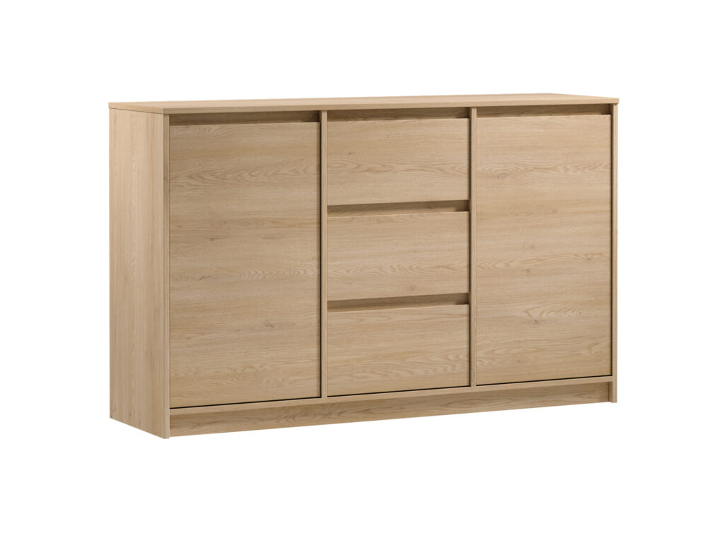 Modern Sideboard Cabinet 140cm Wide Storage Unit 3 Drawer 2 Door White Washed Oak Effect Furniture Unit - Mana