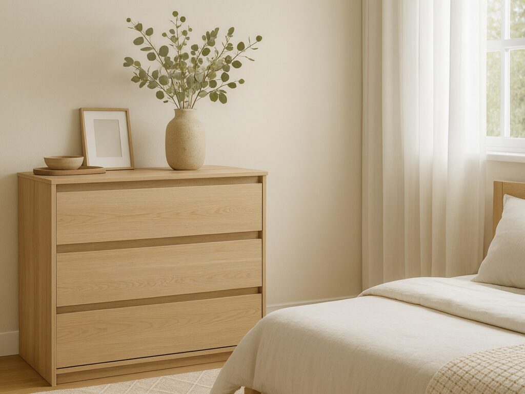 Chest of Drawers 3 Drawer Cabinet Handleless Storage Unit White Washed Oak Effect 91.5cm - Mana