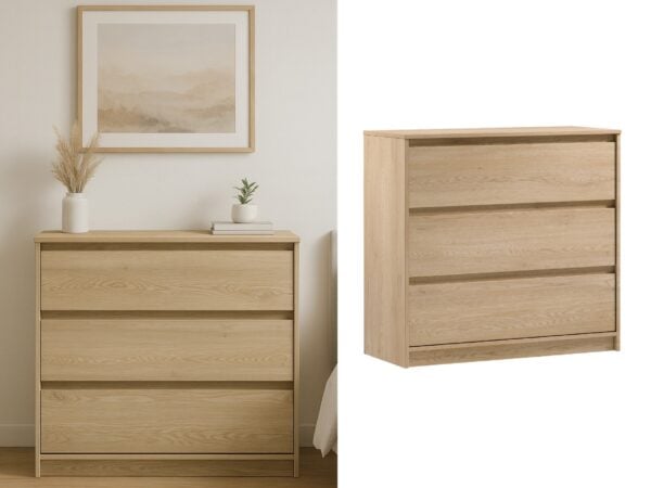 Modern Mana Light Oak Three drawer unit lounge room shot collage