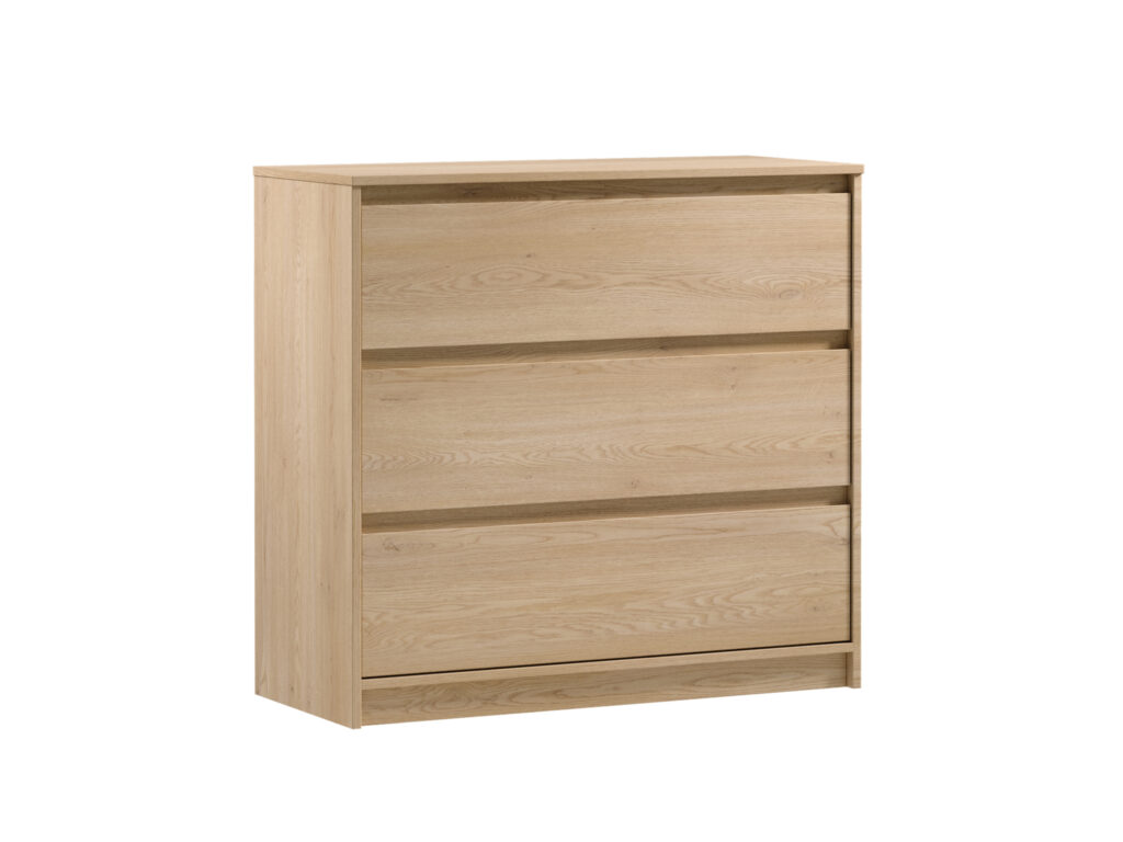 Chest of Drawers 3 Drawer Cabinet Handleless Storage Unit White Washed Oak Effect 91.5cm - Mana