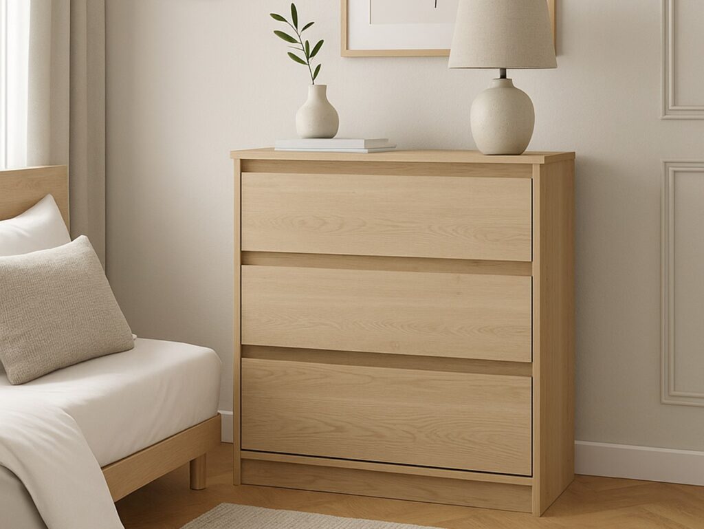 Chest of Drawers 3 Drawer Cabinet Handleless Storage Unit White Washed Oak Effect 91.5cm - Mana