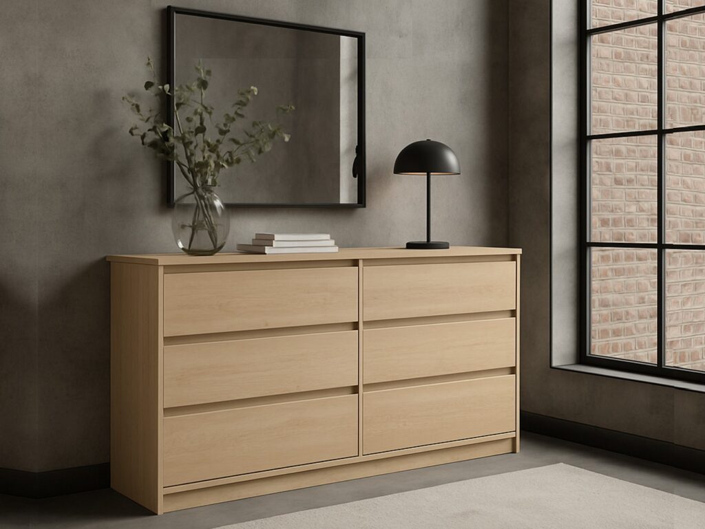 Chest of Drawers Wide Bedroom 6 Drawer Large Cabinet Storage Handleless Unit White Washed Oak Effect - Mana
