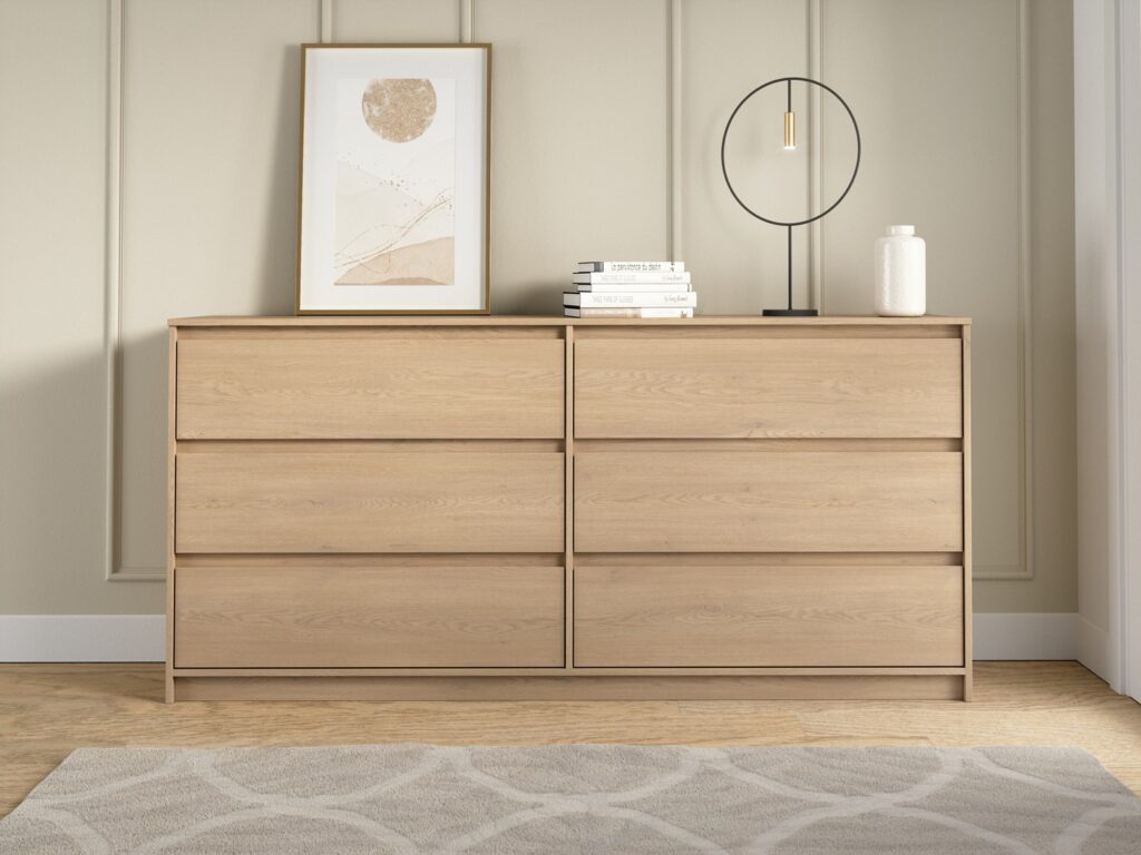 Chest of Drawers Wide Bedroom 6 Drawer Large Cabinet Storage Handleless Unit White Washed Oak Effect - Mana