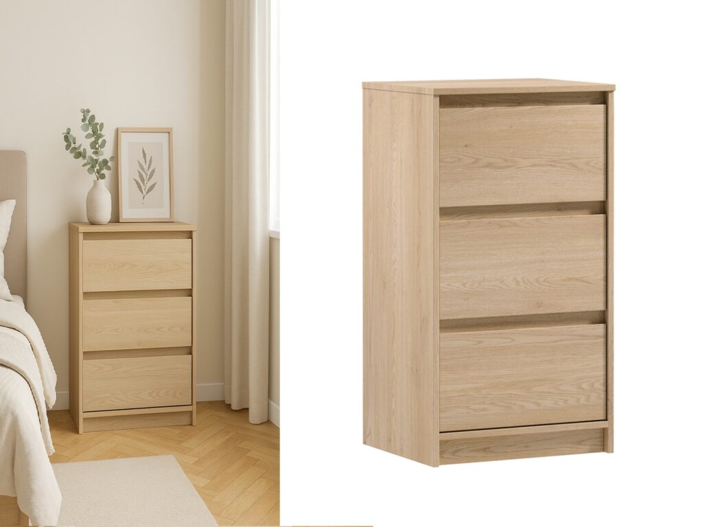 Slim Bedroom Drawers Storage Chest of Drawers Handleless Narrow Furniture Unit White Washed Oak Effect - Mana