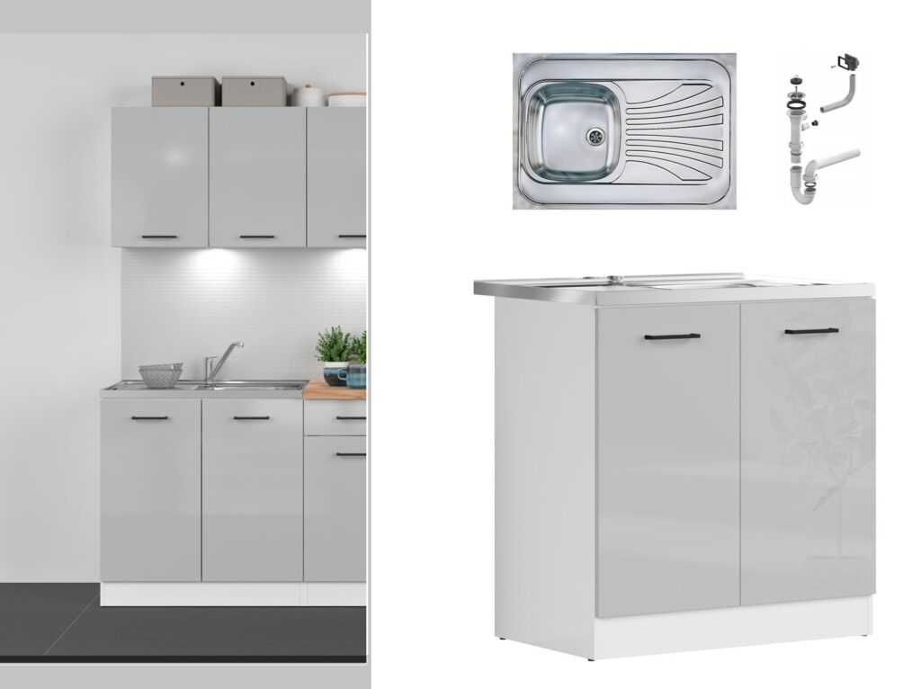Kitchen Sink and Unit Under Sink Cabinet 800mm Stainless Steel Sink Complete Freestanding Light Grey Gloss - Junona
