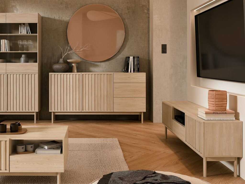 Ribbed TV Stand with Storage Low Modern Cabinet Washed Oak Effect Unit 160cm Wide for up to 65 inch TV – Saori