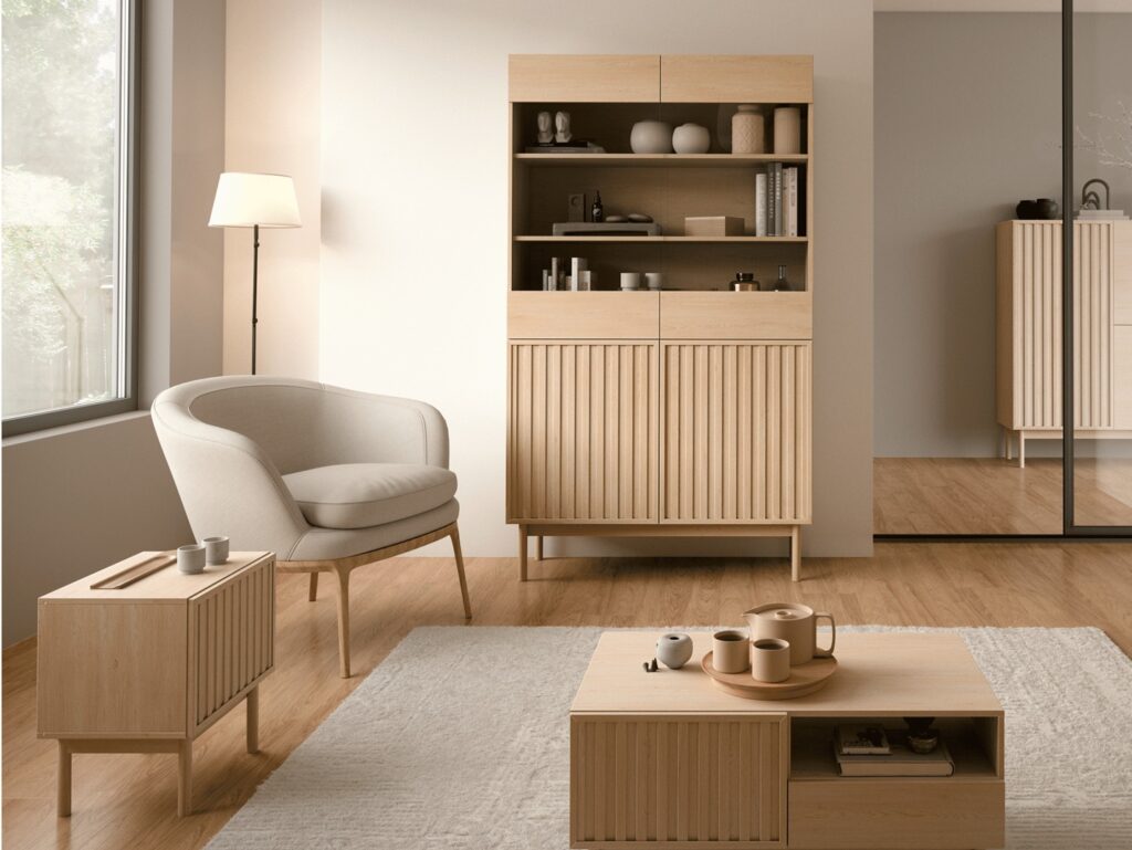 Ribbed TV Stand with Storage Low Modern Cabinet Washed Oak Effect Unit 160cm Wide for up to 65 inch TV – Saori