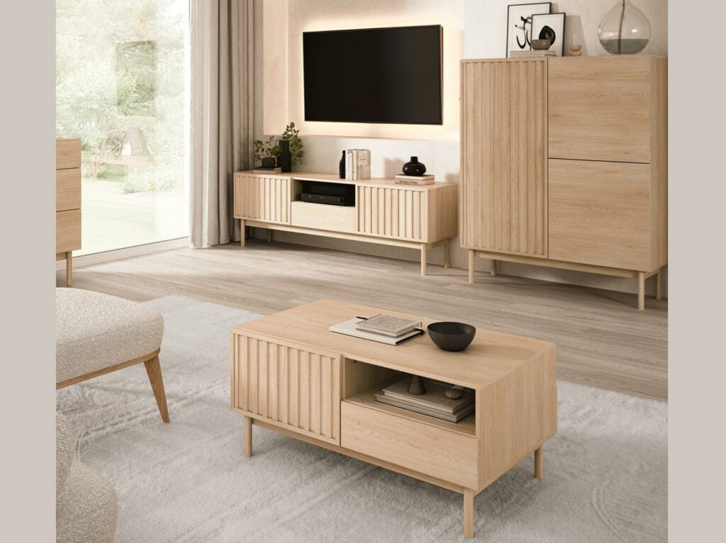 Ribbed TV Stand with Storage Low Modern Cabinet Washed Oak Effect Unit 160cm Wide for up to 65 inch TV – Saori