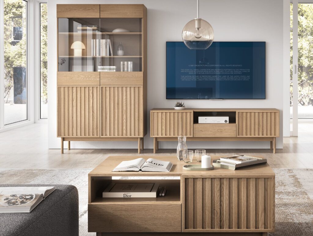 Ribbed TV Stand with Storage Low Modern Cabinet Washed Oak Effect Unit 160cm Wide for up to 65 inch TV – Saori