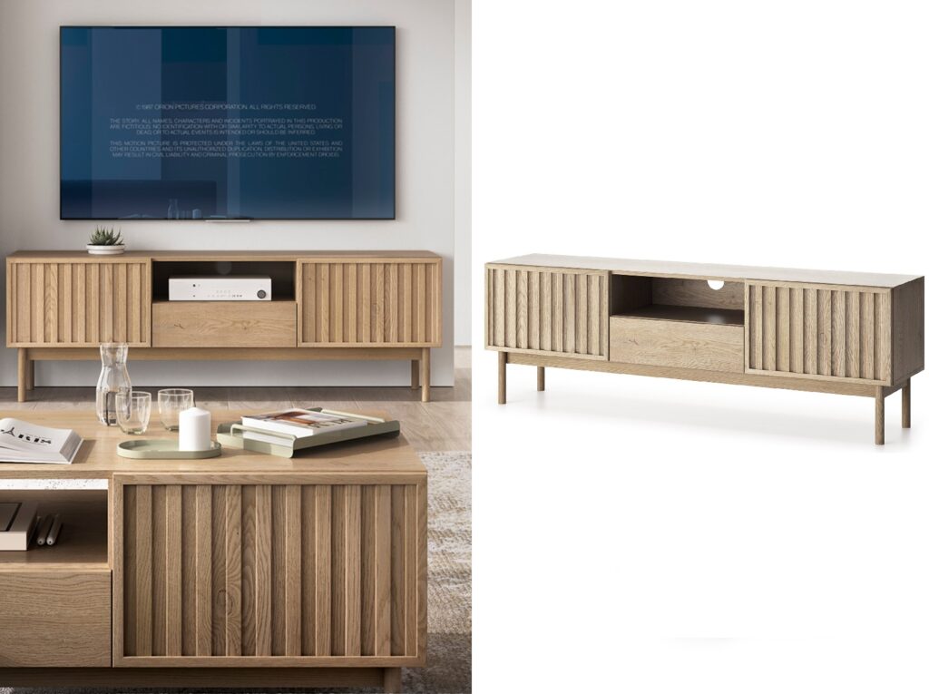 Ribbed TV Stand with Storage Low Modern Cabinet Washed Oak Effect Unit 160cm Wide for up to 65 inch TV – Saori