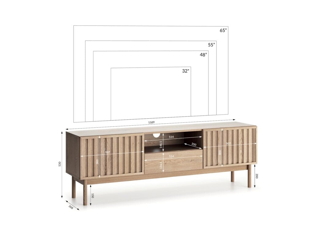 Ribbed TV Stand with Storage Low Modern Cabinet Washed Oak Effect Unit 160cm Wide for up to 65 inch TV – Saori