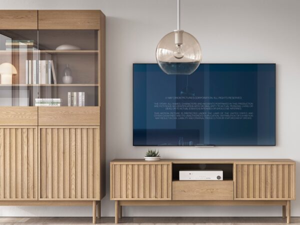 tv unit with storage large cabinet stand for up to 65" TV ribbed fluted light oak doors