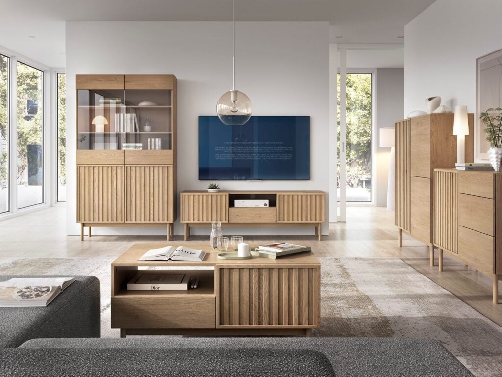 Ribbed TV Stand with Storage Low Modern Cabinet Washed Oak Effect Unit 160cm Wide for up to 65 inch TV – Saori