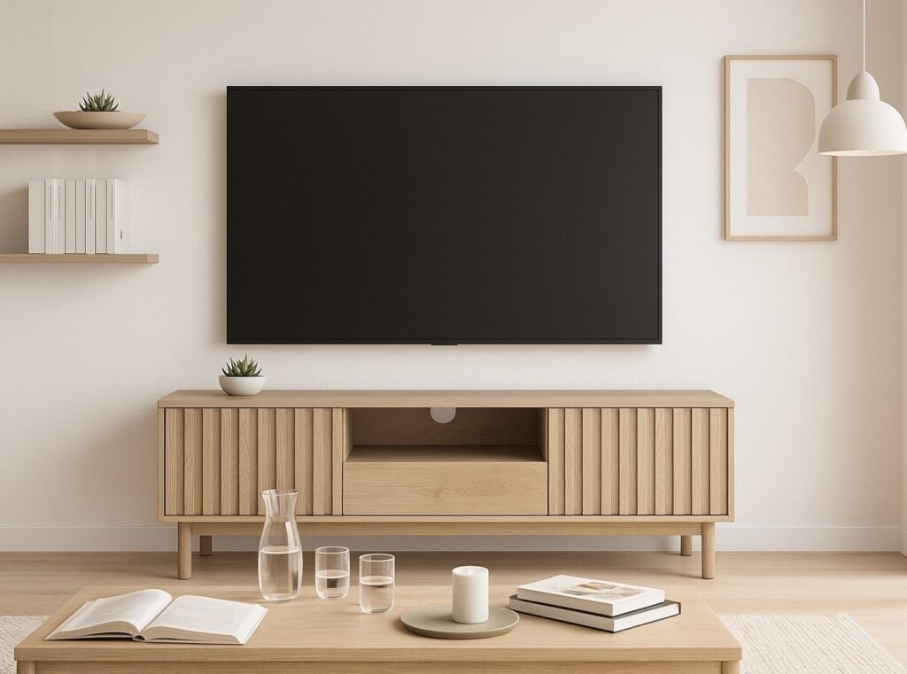 Ribbed TV Stand with Storage Low Modern Cabinet Washed Oak Effect Unit 160cm Wide for up to 65 inch TV – Saori