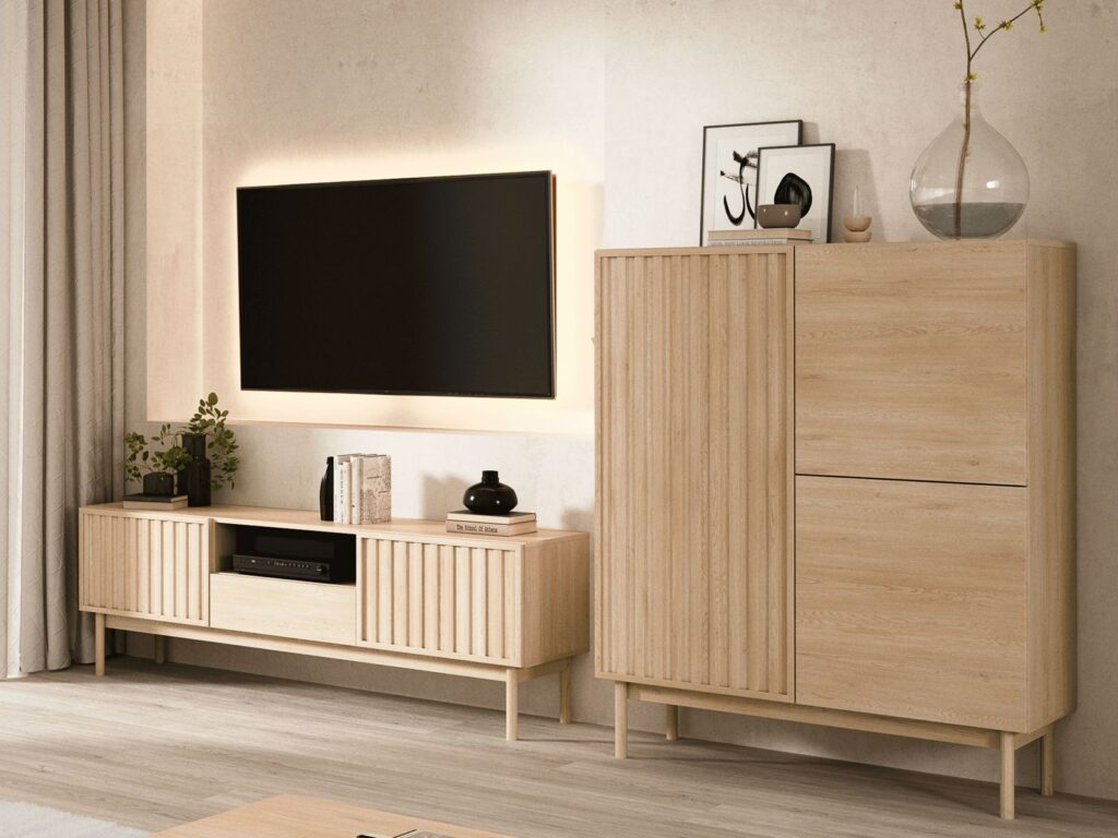 Ribbed TV Stand with Storage Low Modern Cabinet Washed Oak Effect Unit 160cm Wide for up to 65 inch TV – Saori