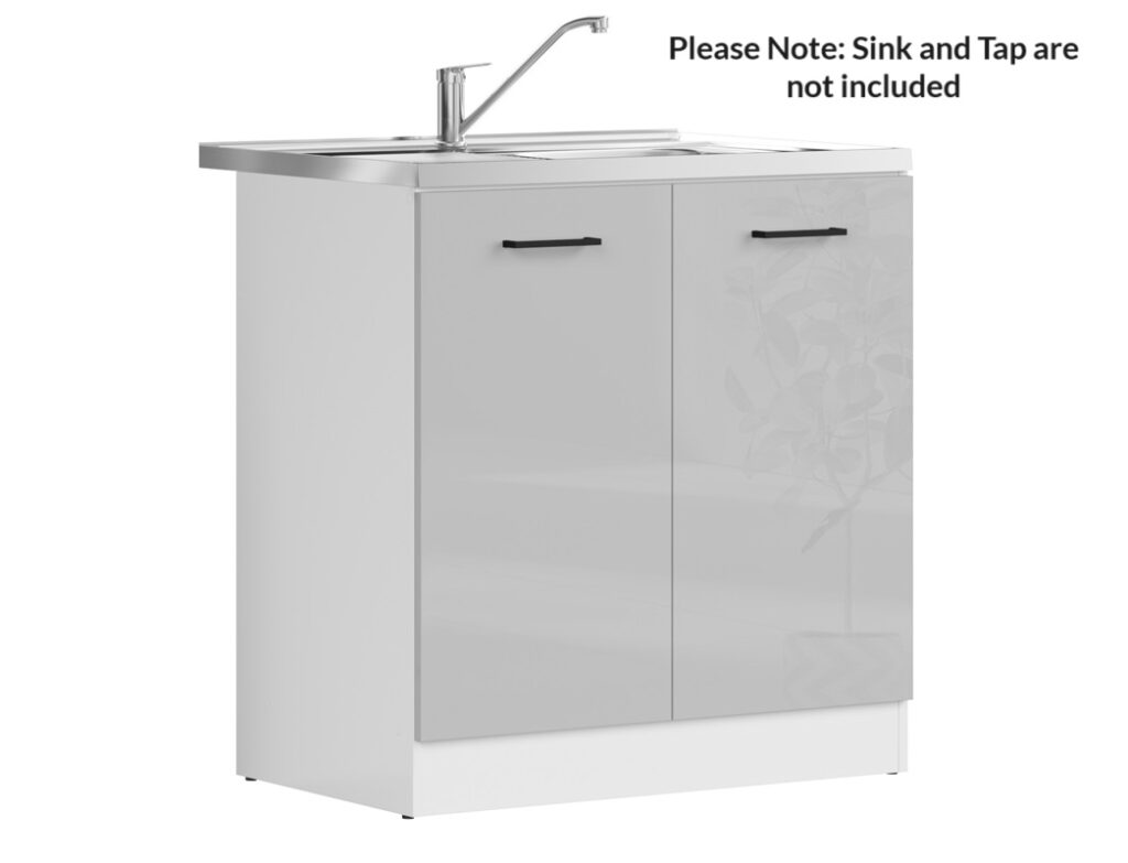 Kitchen Sink and Unit Under Sink Cabinet 800mm Stainless Steel Sink Complete Freestanding Light Grey Gloss - Junona