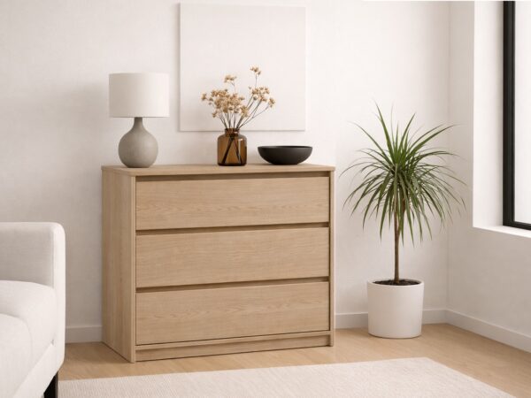 chest of drawers 3 drawer storage cabinet white washed light oak wooden handleless bedroom living room furniture