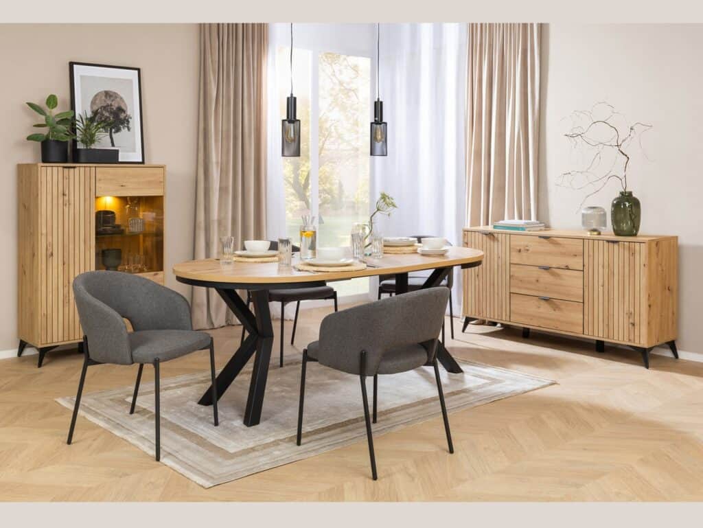 Small Sideboard Storage Cabinet Modern Compact 90cm Drawer Unit Slatted Oak Effect with Black Legs – Lamea