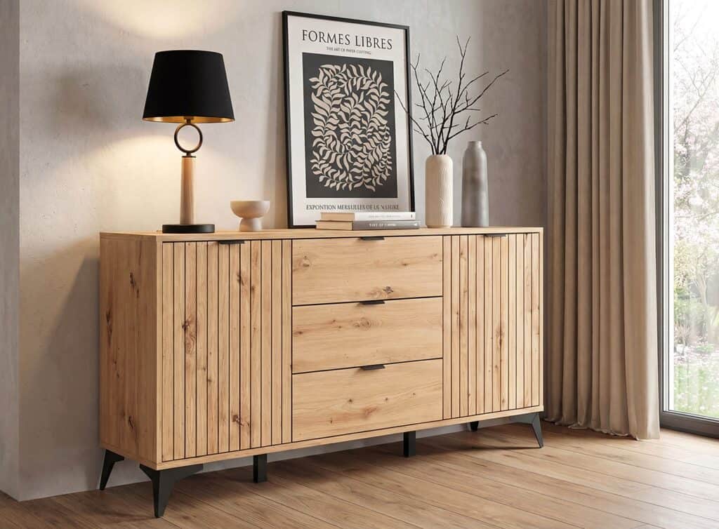 Wide Sideboard Storage Cabinet Slatted Drawers Modern 180cm Soft Close Unit Oak Effect Black Legs – Lamea