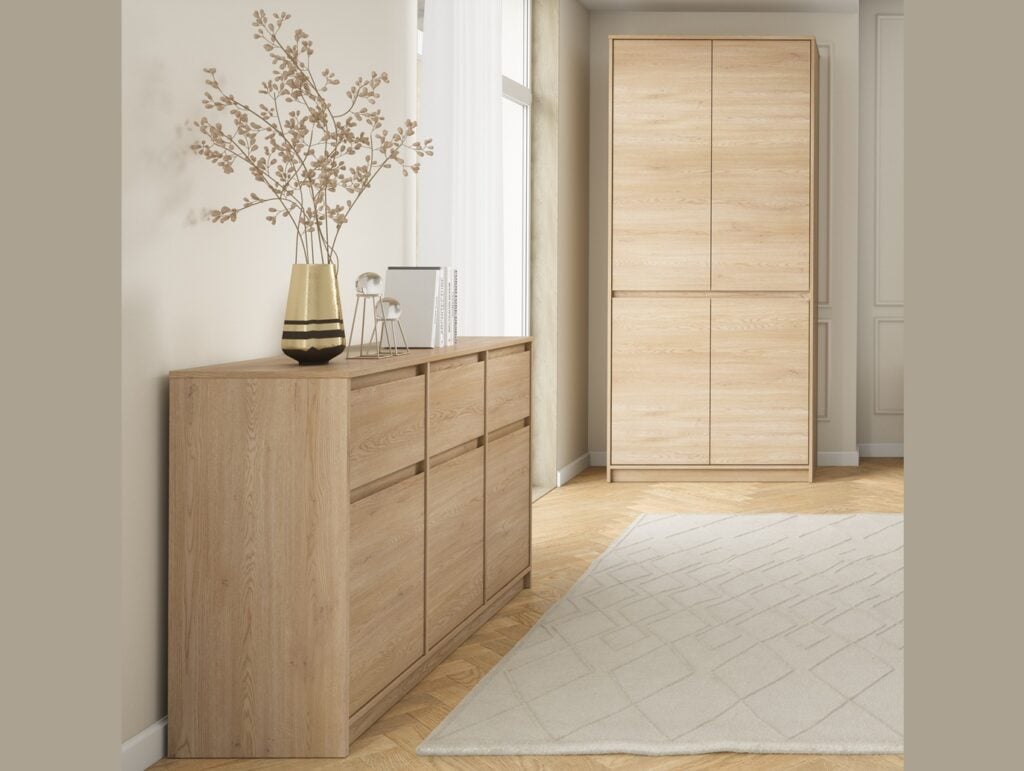 Narrow Chest of Drawers Slim Cabinet Handleless Storage Unit White Washed Oak Effect 47cm - Mana