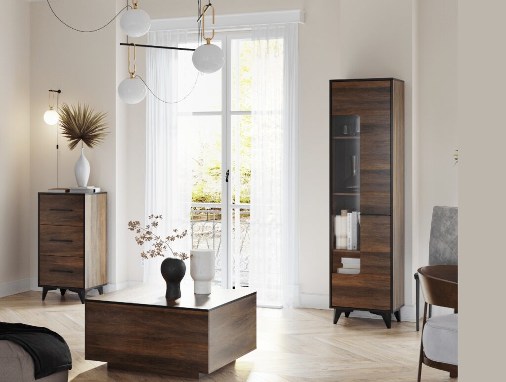 Mid Century Cabinet Tall Glass Display Modern Slim Shelving Unit Glazed Door Walnut Effect Black Legs - Frida