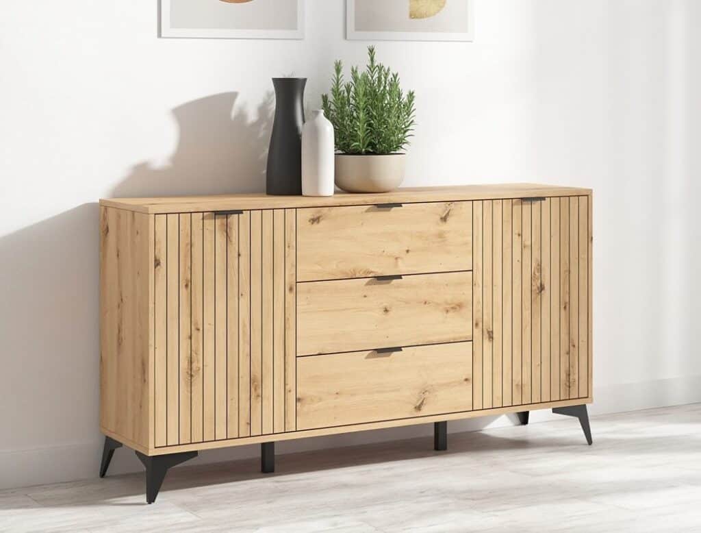 Sideboard Storage Cabinet Modern 150cm Dresser 3 Drawers Unit Slatted Oak Effect with Black Legs – Lamea