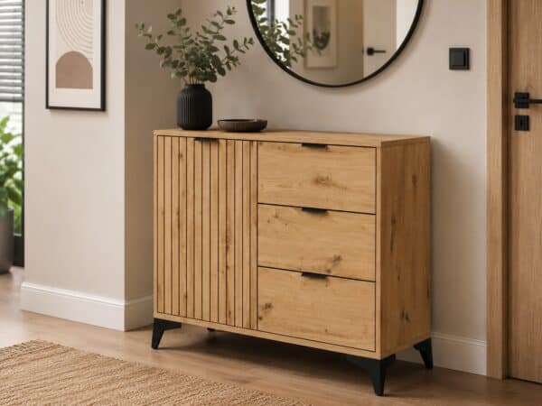 small sideboard cabinet slatted fluted black oak 90cm unit modern hallway storage lamea