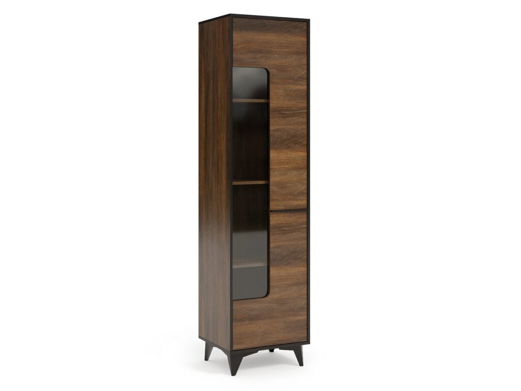 Mid Century Cabinet Tall Glass Display Modern Slim Shelving Unit Glazed Door Walnut Effect Black Legs - Frida