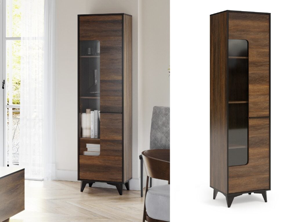 Mid Century Cabinet Tall Glass Display Modern Slim Shelving Unit Glazed Door Walnut Effect Black Legs - Frida