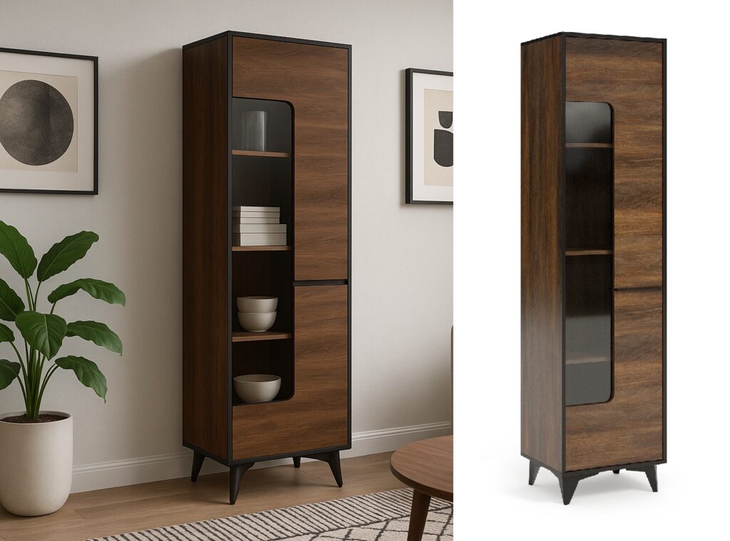 Mid Century Cabinet Tall Glass Display Modern Slim Shelving Unit Glazed Door Walnut Effect Black Legs - Frida