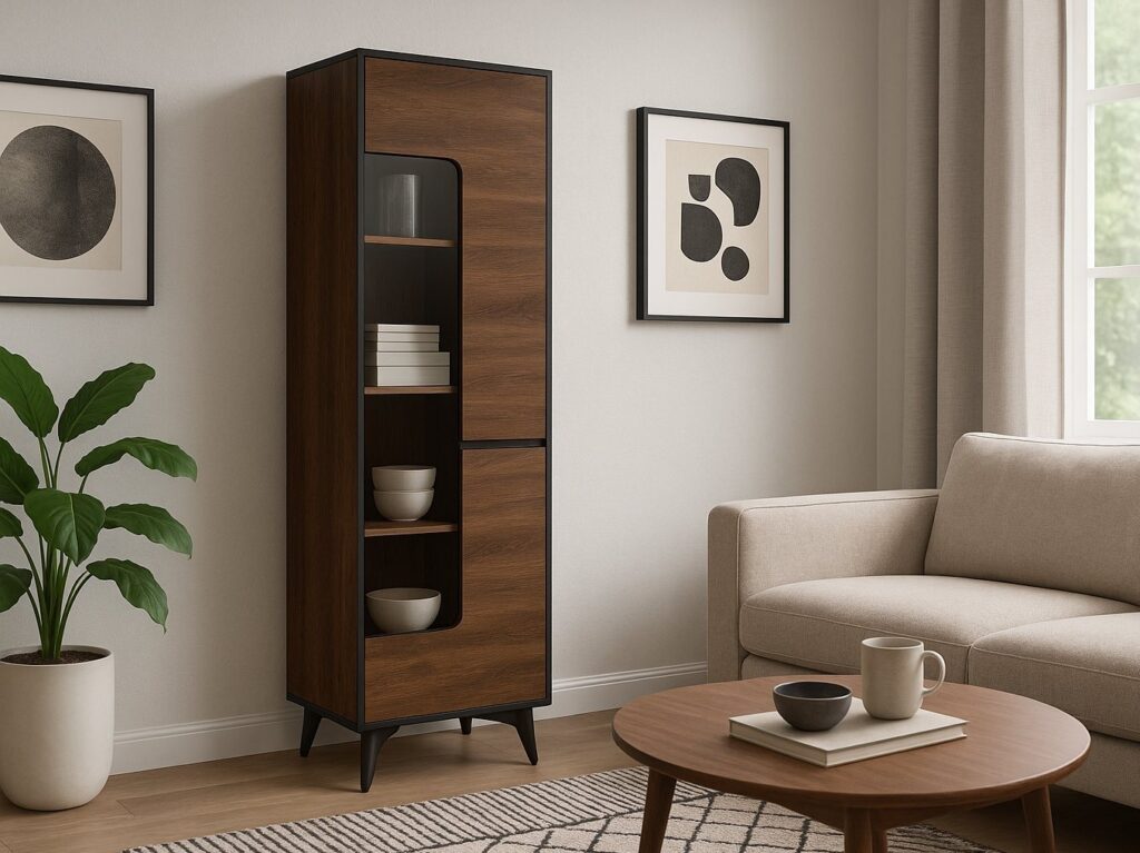Mid Century Cabinet Tall Glass Display Modern Slim Shelving Unit Glazed Door Walnut Effect Black Legs - Frida