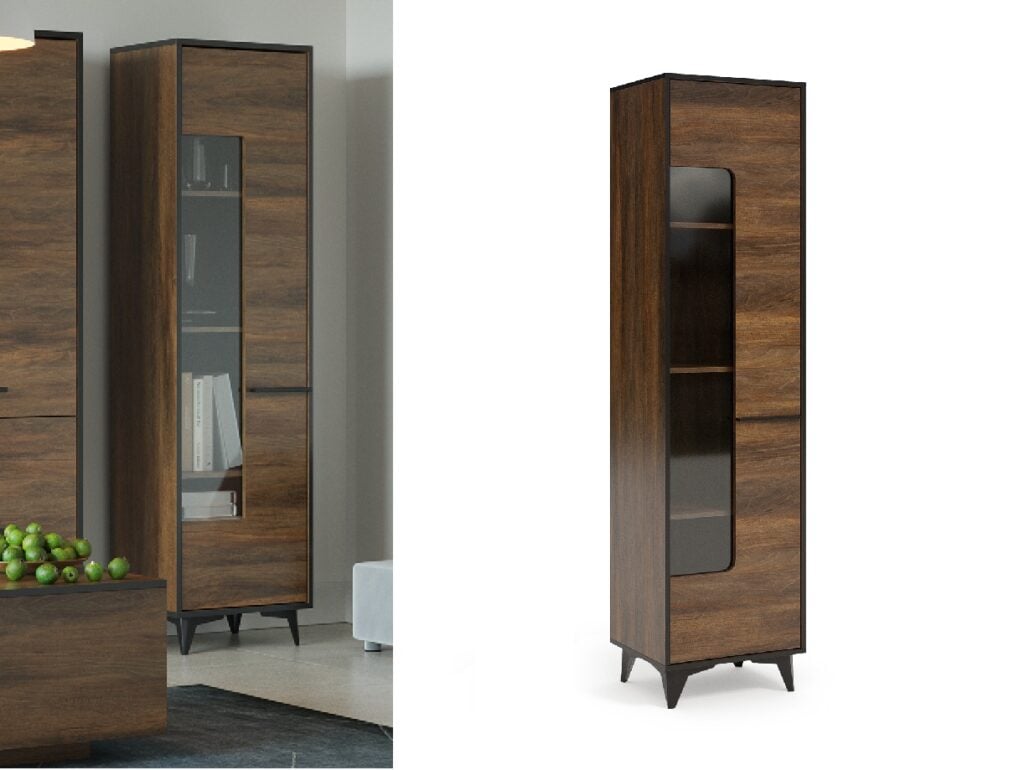 Mid Century Cabinet Tall Glass Display Modern Slim Shelving Unit Glazed Door Walnut Effect Black Legs - Frida