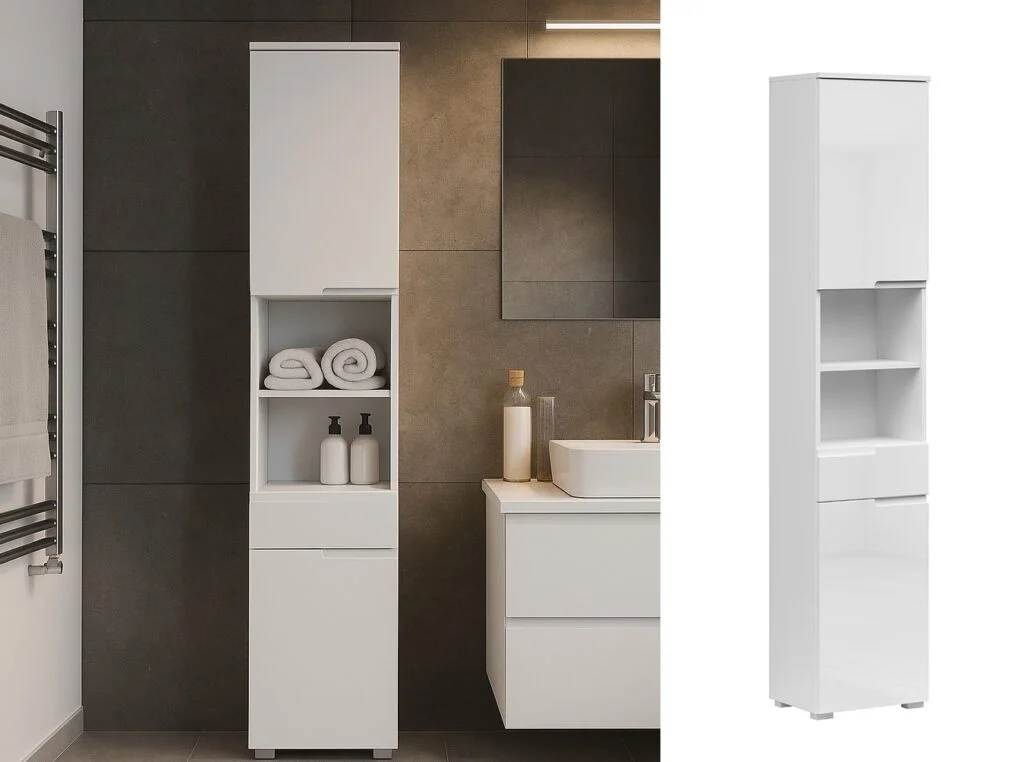Tall Bathroom Storage Cabinet Slim Free Standing Tall Boy Drawer Unit Narrow Tallboy Modern White Gloss - Spice