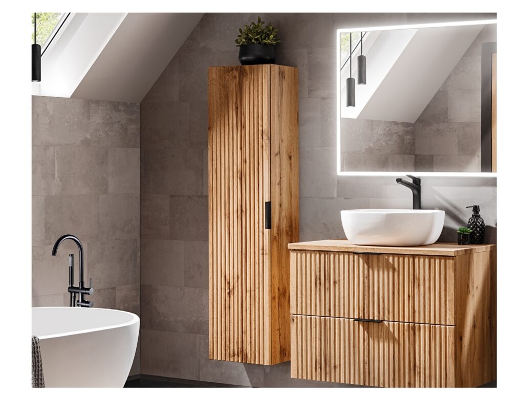 Oak Bathroom Furniture Floating Set Wall Hung Vanity 600mm Tall Storage Unit Ribbed Fluted Oak Effect - Adel