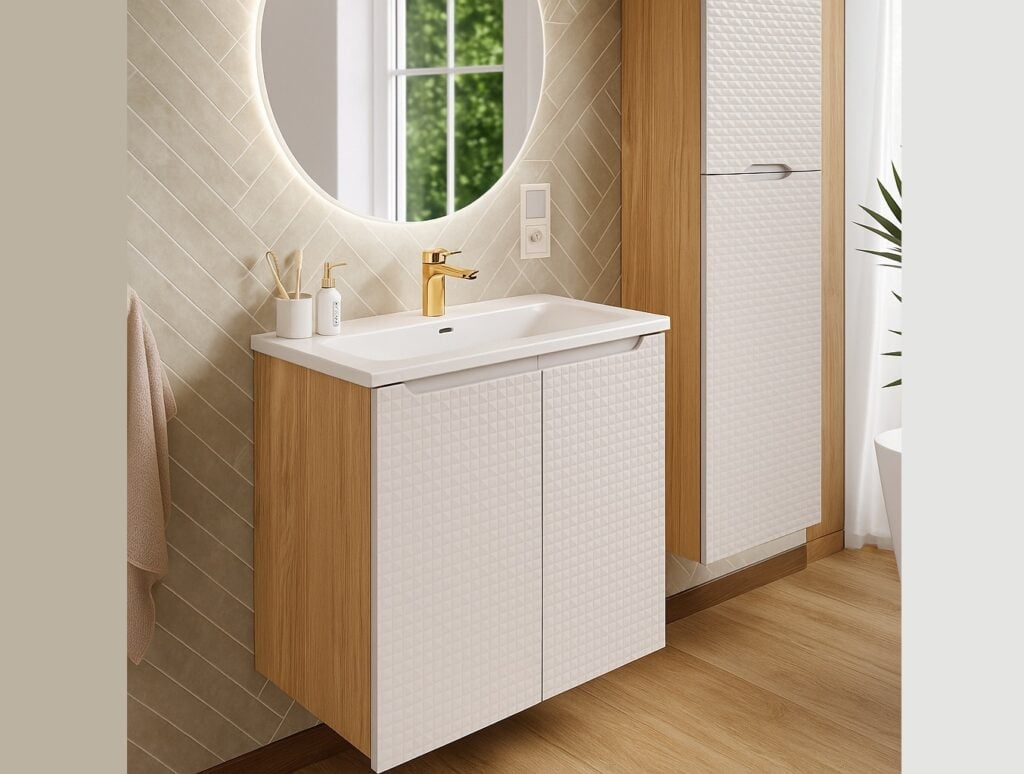 Beige Bathroom Vanity Unit 600mm Sink Cabinet with Basin Wall Hung Floating Luxury Light Oak Storage Luxor