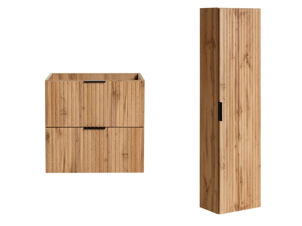 Oak Bathroom Furniture Floating Set Wall Hung Vanity 600mm Tall Storage Unit Ribbed Fluted Oak Effect - Adel