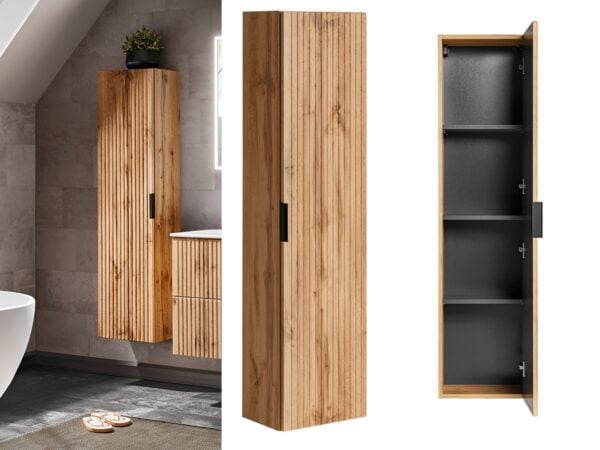 wall hung unit bathroom oak tall slim cabinet with ribbed fluted door adel Collage