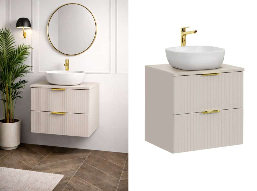 Beige Vanity Unit with Basin 600mm Worktop Countertop Fluted Wall Hung Sink Cabinet – Adel