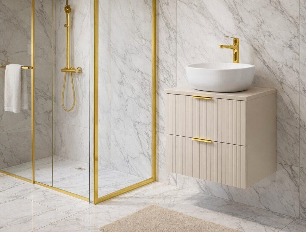 Beige Vanity Unit with Basin 600mm Worktop Countertop Fluted Wall Hung Sink Cabinet – Adel