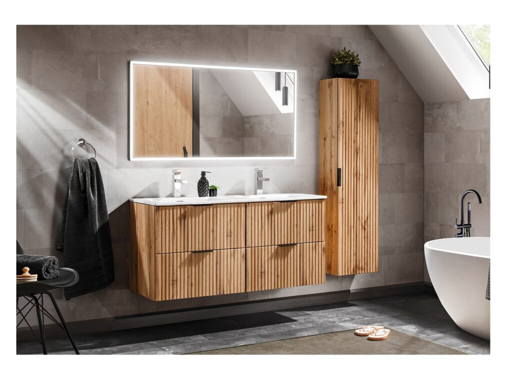 Oak Bathroom Furniture Set Wall Hung Vanity 600mm Countertop Sink Tall Storage Unit Fluted Oak Effect - Adel