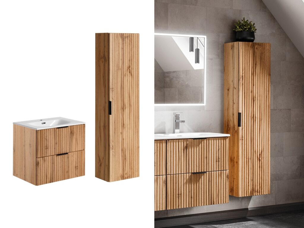 Oak Bathroom Furniture Floating Set Wall Hung Vanity 600mm Ceramic Sink Tall Storage Unit Fluted Oak Effect - Adel
