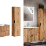 wall hung unit bathroom oak tall slim cabinet with ribbed fluted door adel roomshot with 600mm vanity and sink Collage