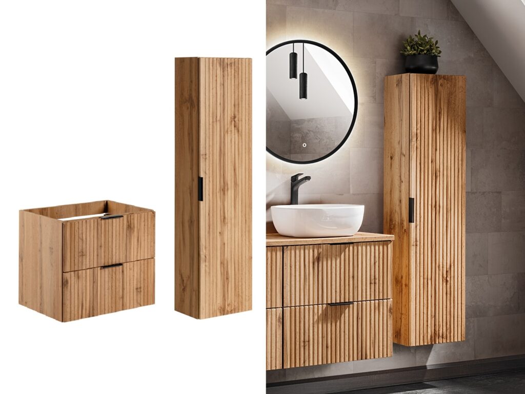 Oak Bathroom Furniture Floating Set Wall Hung Vanity 600mm Tall Storage Unit Ribbed Fluted Oak Effect - Adel