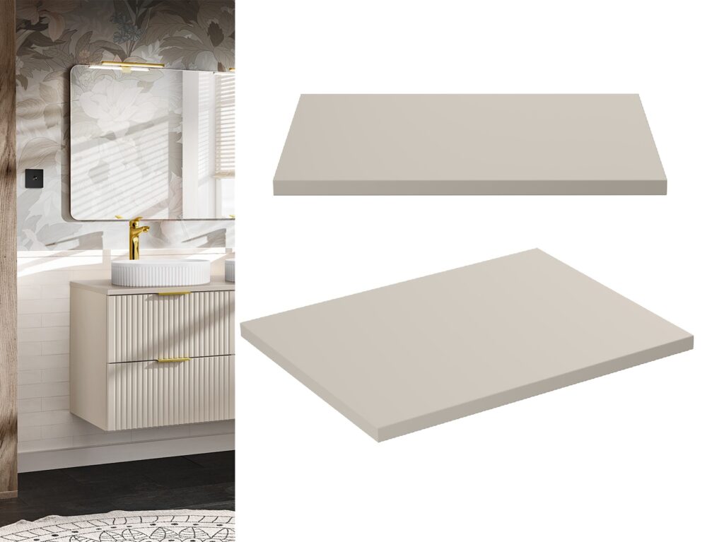 Beige Bathroom Sink Cabinet Vanity Unit with Countertop Basin 600mm Fluted Cashmere Wall Hung Floating Drawers Adel