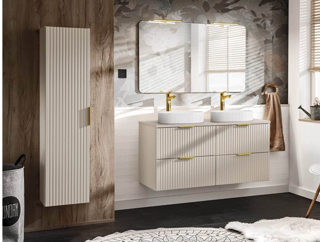 Tall Bathroom Storage Cabinet Wall Hung Beige Cashmere Slim Unit Ribbed Fluted 1 Door Floating Furniture - Adel