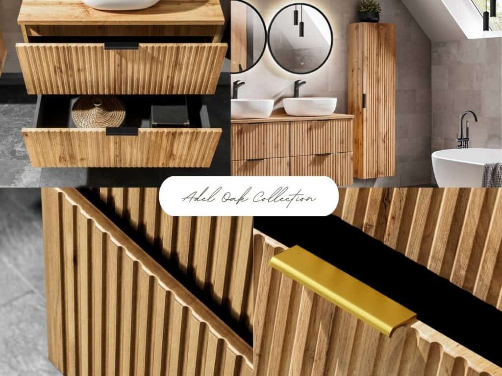 Tall Bathroom Cabinet Wall Hung Slim Storage Unit Floating Furniture Ribbed Fluted Oak Effect - Adel
