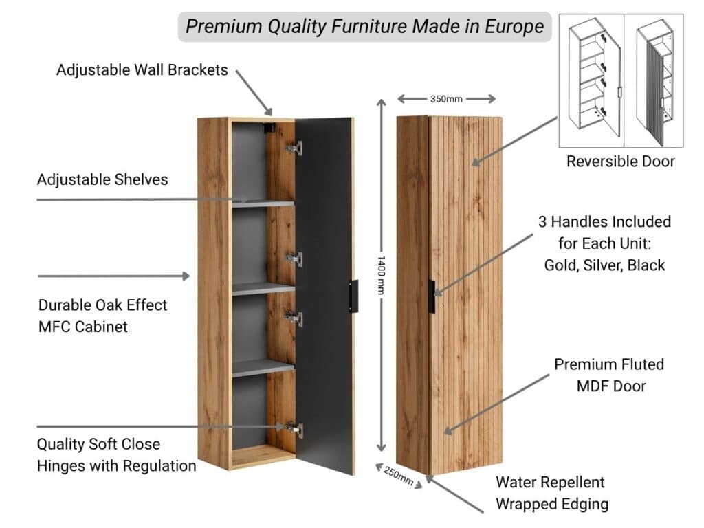 Tall Bathroom Cabinet Wall Hung Slim Storage Unit Floating Furniture Ribbed Fluted Oak Effect - Adel
