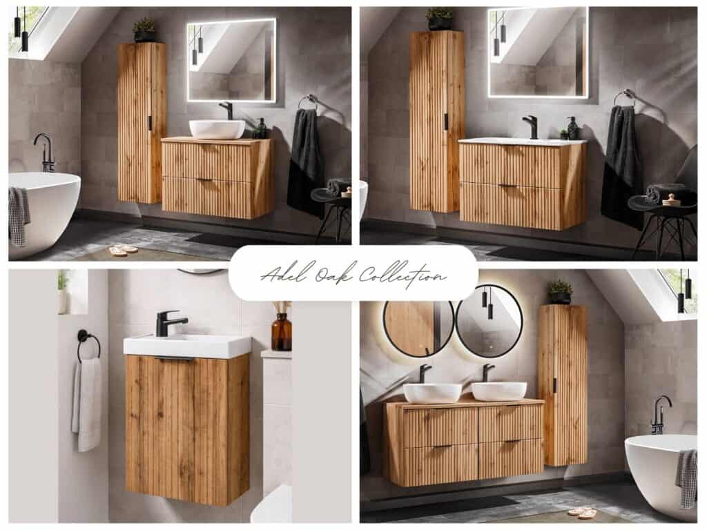 Tall Bathroom Cabinet Wall Hung Slim Storage Unit Floating Furniture Ribbed Fluted Oak Effect - Adel